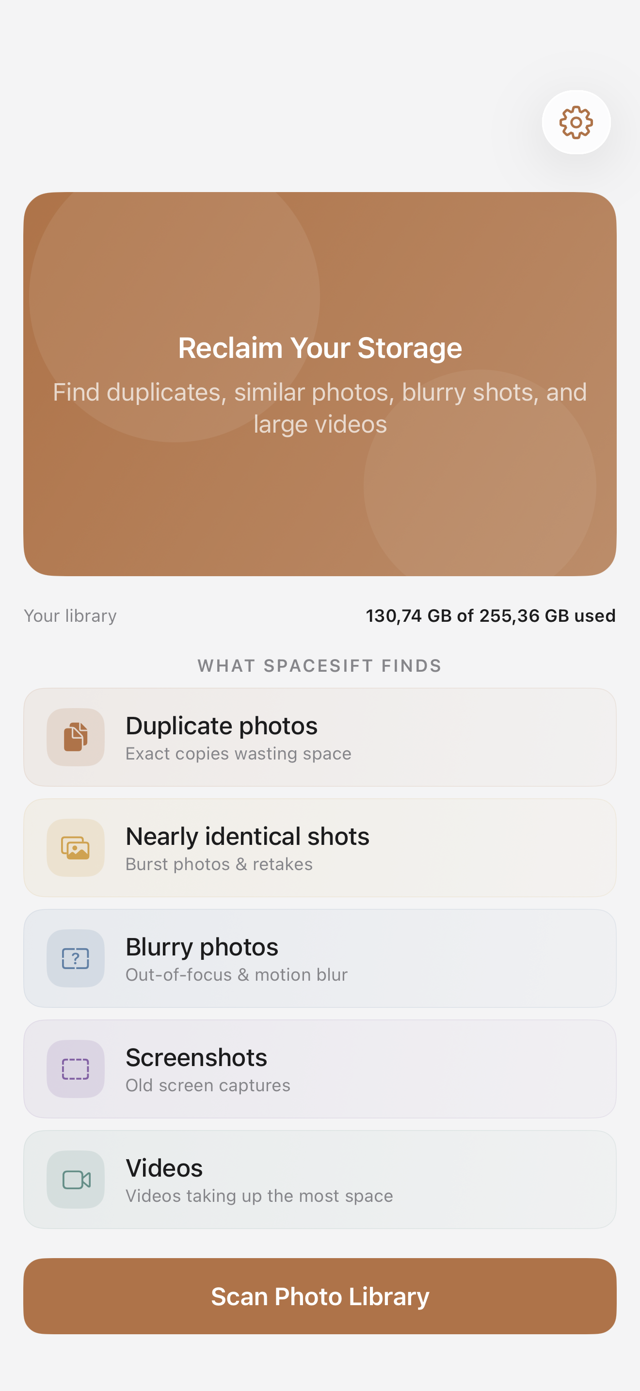 SpaceSift pre-scan dashboard listing five cleanup categories