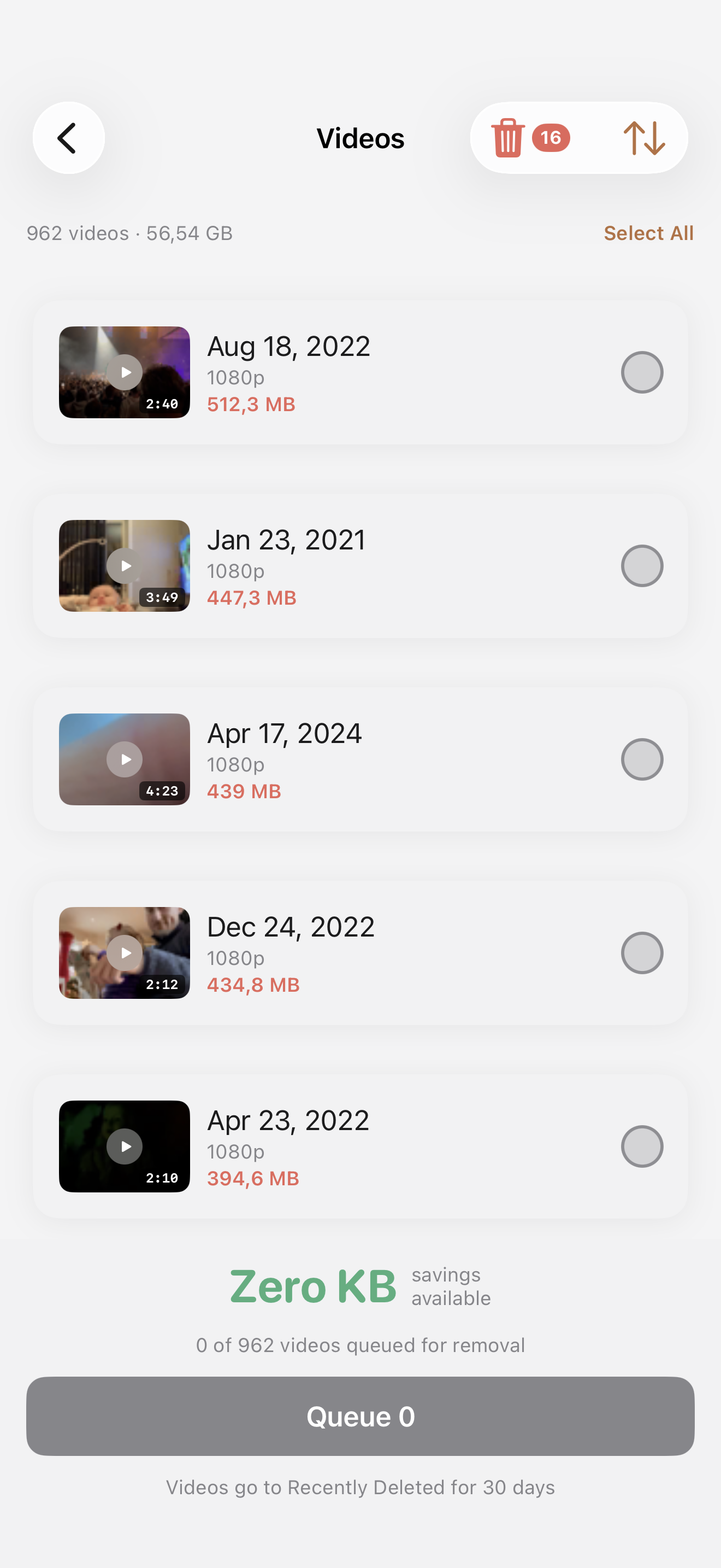 Videos list sorted by file size showing 962 videos totalling 56.54 GB